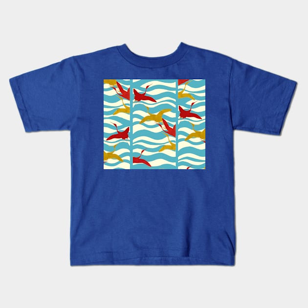 RED YELLOW FLYING CRANES ON WHITE BLUE SEA WAVES Kids T-Shirt by BulganLumini